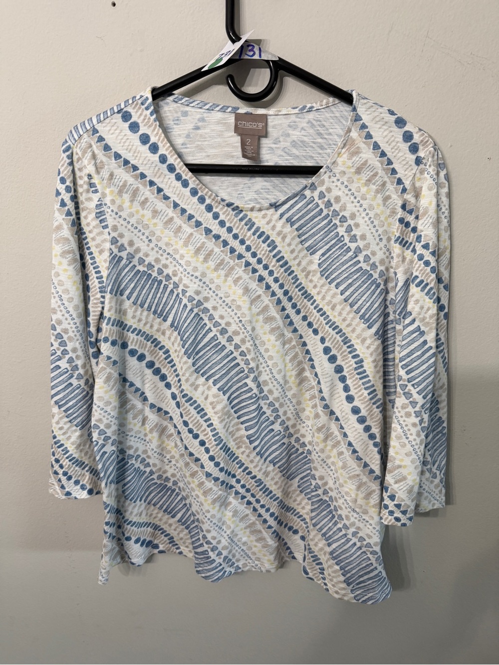 Women’s Chico’s Blue Geometric Print 3/4 Sleeve Top Size 2 Large